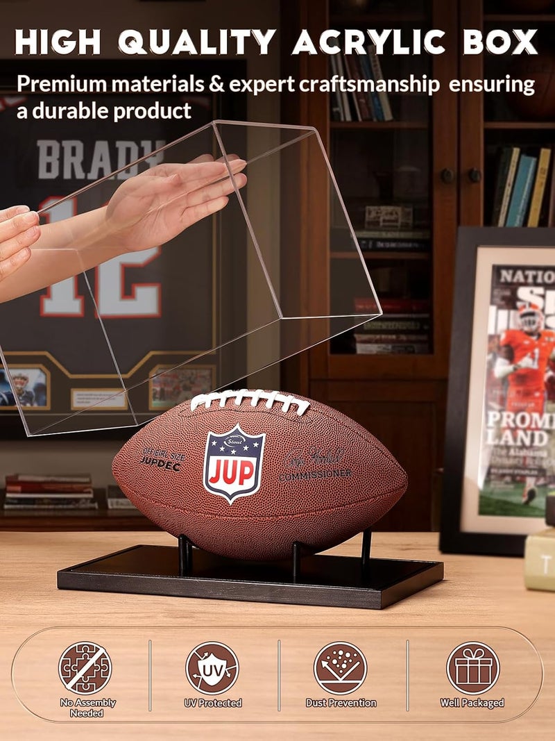 JupDec Football Display Case Full Size, Acrylic Clear Box with Wood Stand, UV Protected Memorabilia Holder, for Football Fans & Collectors, Sports Collectibles, No Assembly Required, Black - Image 2